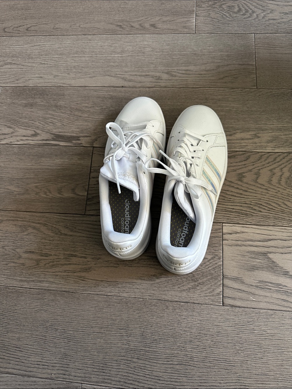 adidas Women’s White Sneakers with Subtle Iridescent Stripes